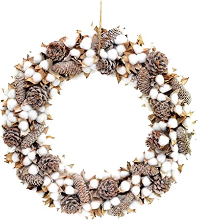 Christmas Real Cotton Wreath 38cm Pine Cones Vintage Xmas Home Décor RRP 20.99 CLEARANCE XL 9.99